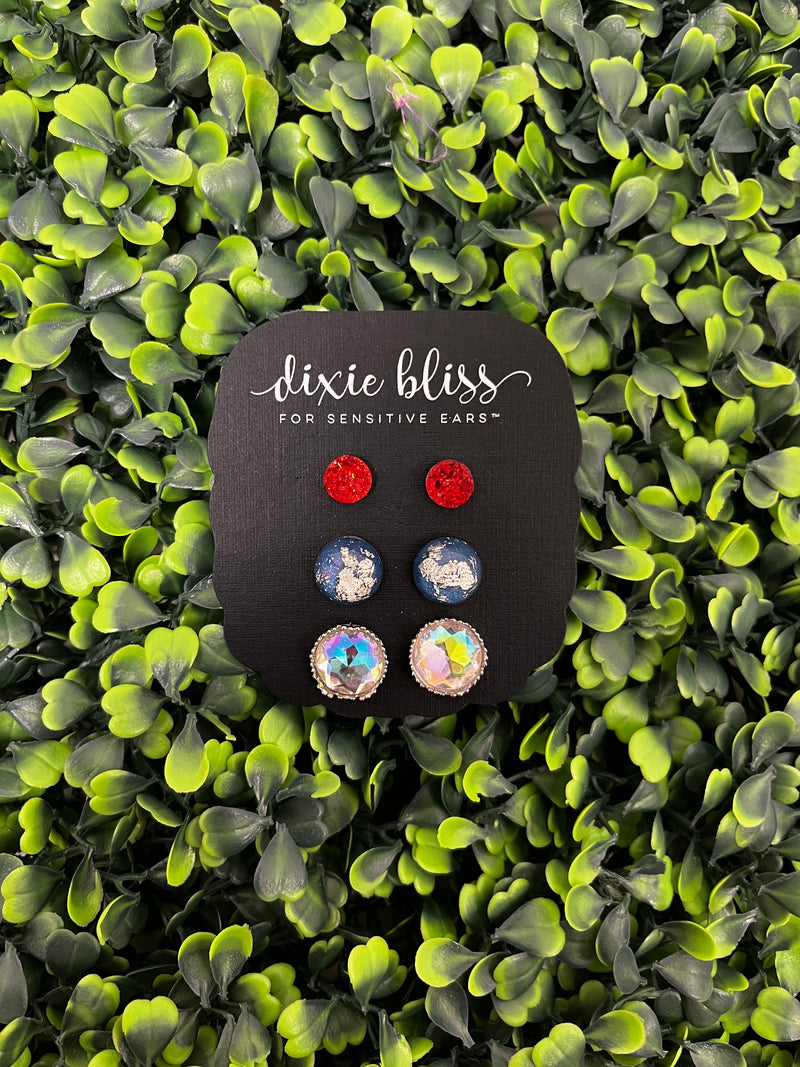 Red, Blue, and Bejeweled Stud Earrings