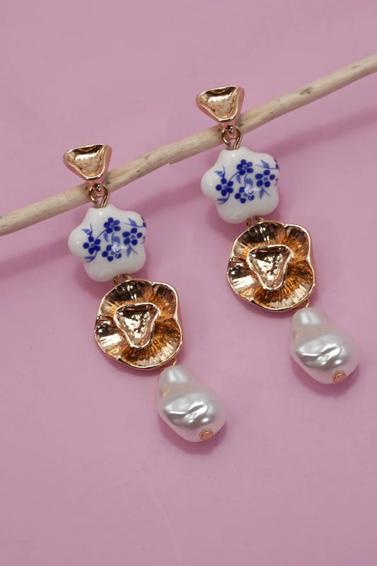 Blue Ceramic Porcelain  Pearl Drop Earrings