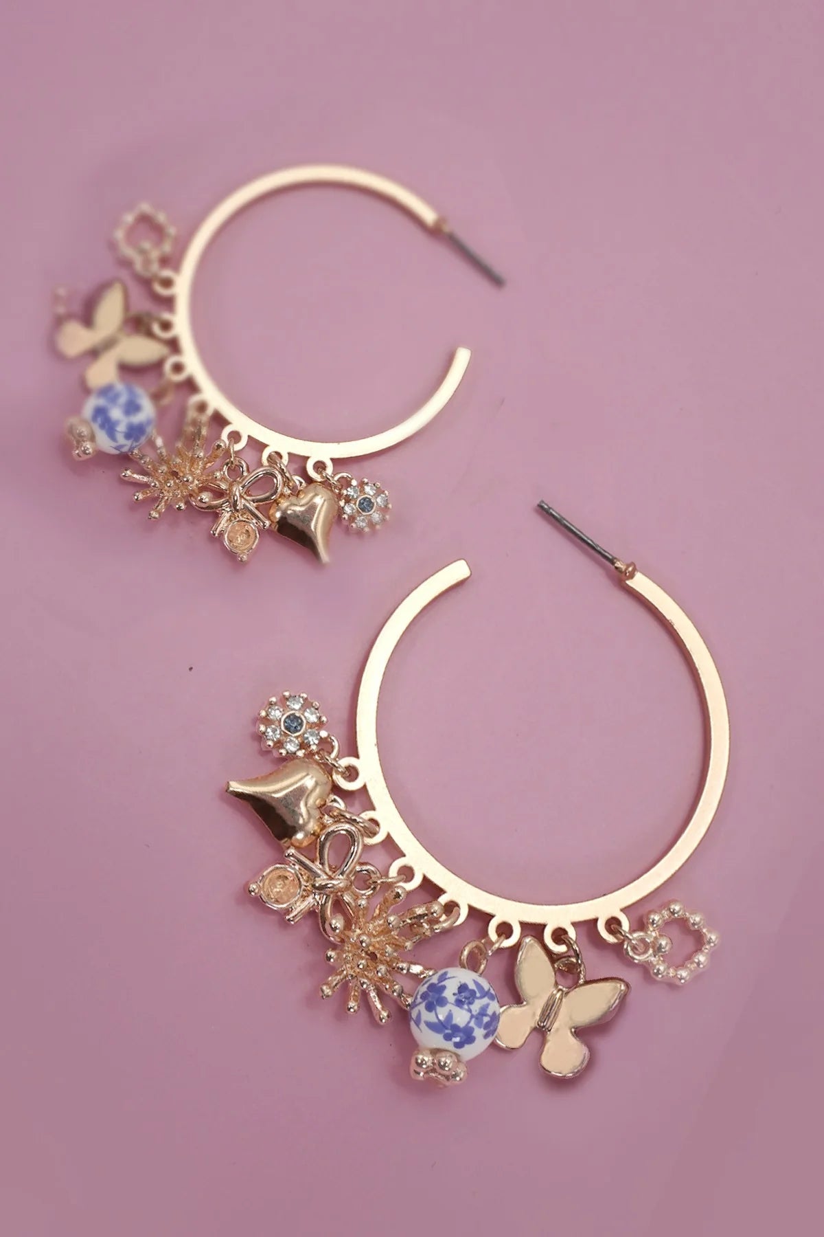 Blue Ceramic Porcelain Multi-Charm Hoop Earrings