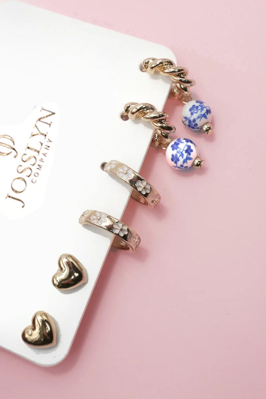 Blue Ceramic Porcelain & Floral Trio Earring Set