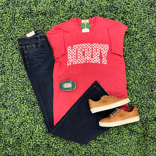 Red Merry Checkered Tee