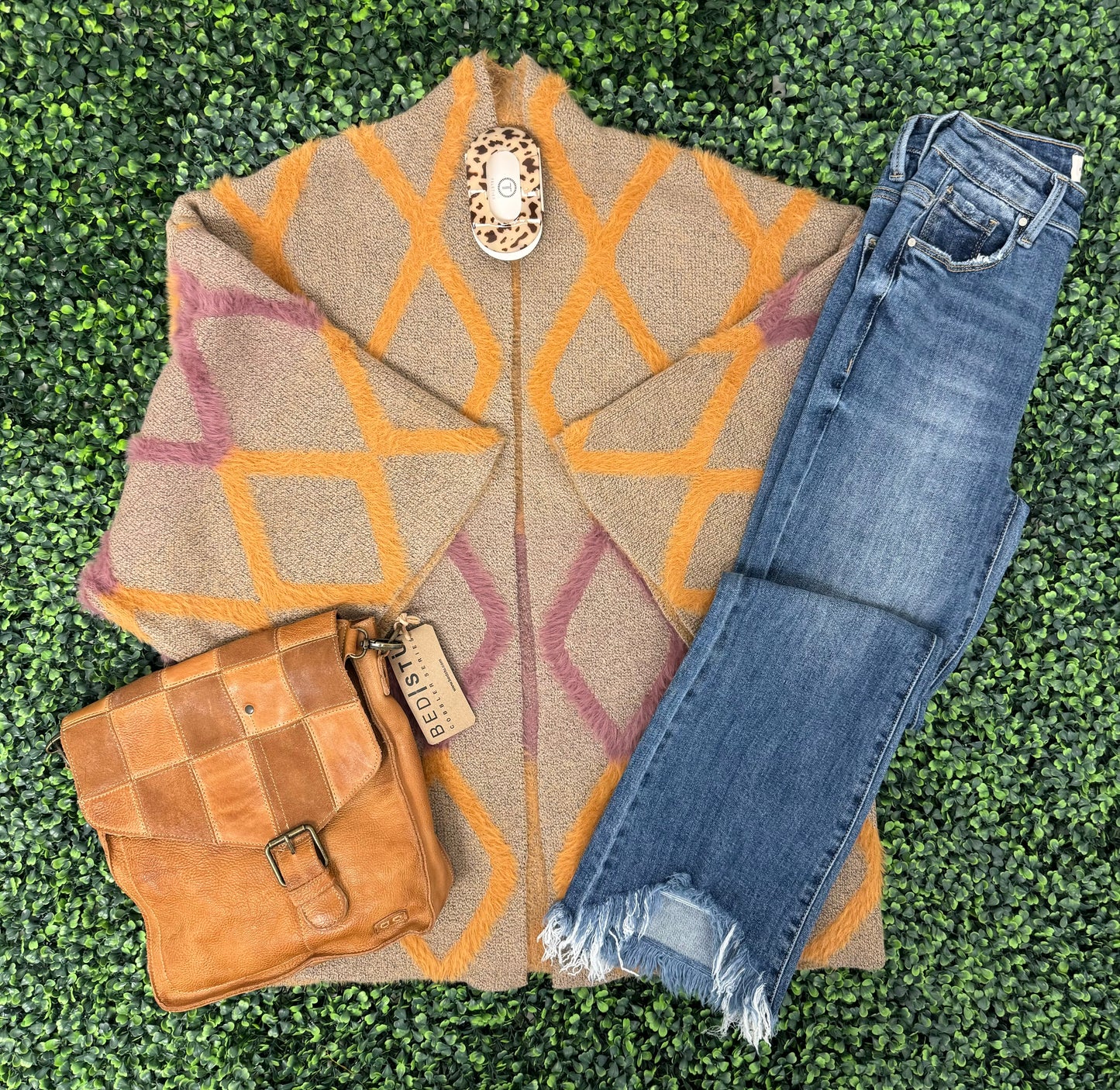 Taupe, Orange, and Purple Cardigan